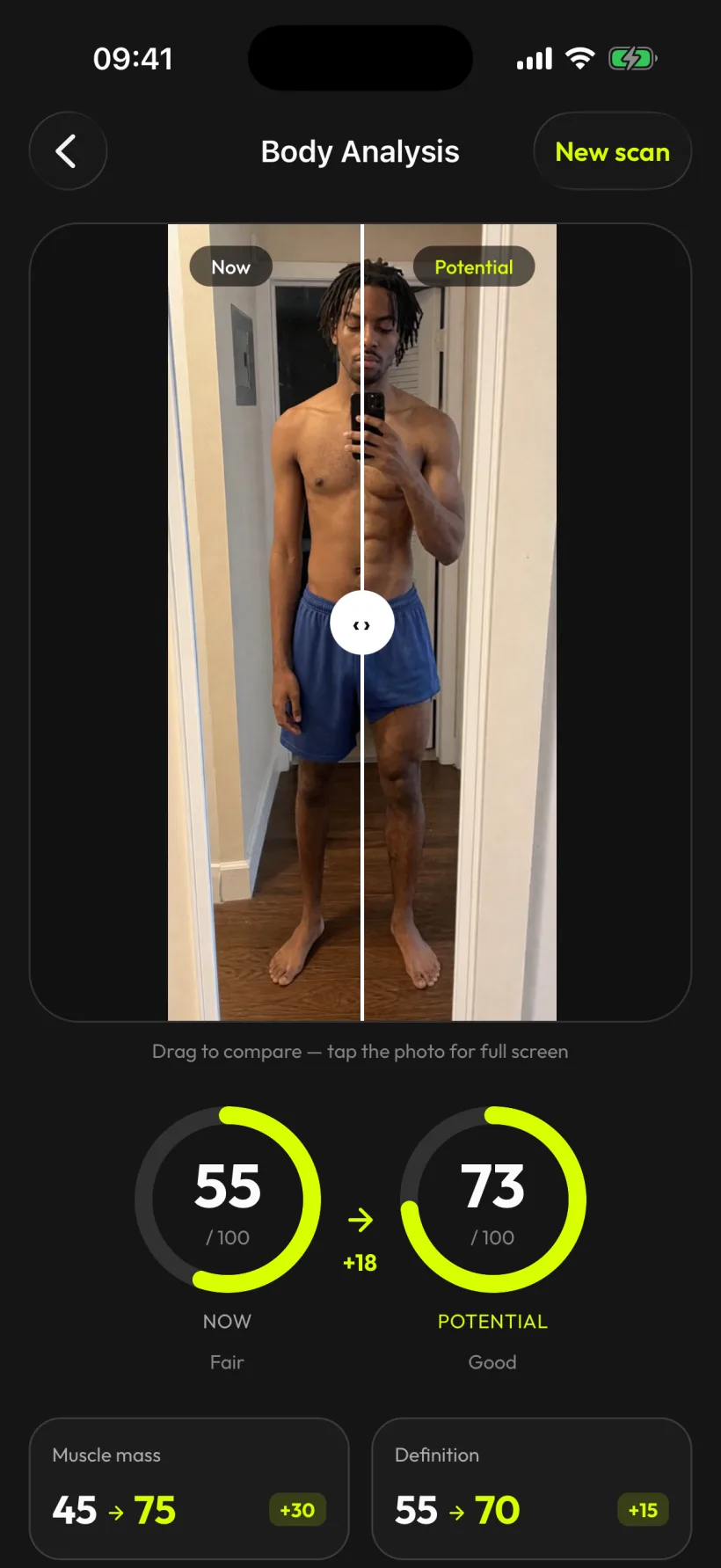 marble body analysis comparing a now and potential photo with scores of 55 and 73